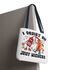 Cheeky Juicy Wieners Fun Tote Bag with hot dog design and colorful straps