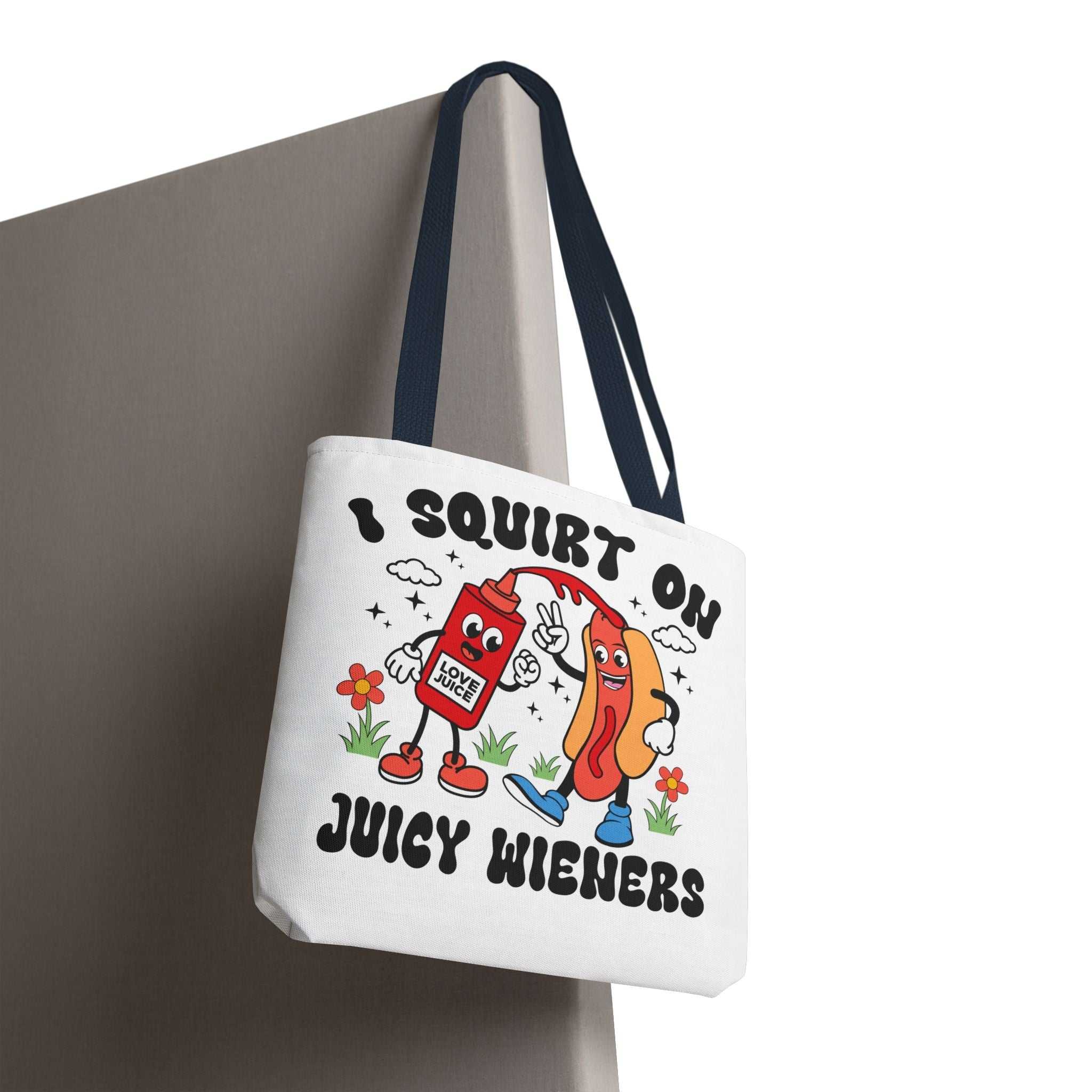 Cheeky Juicy Wieners Fun Tote Bag with hot dog design and colorful straps