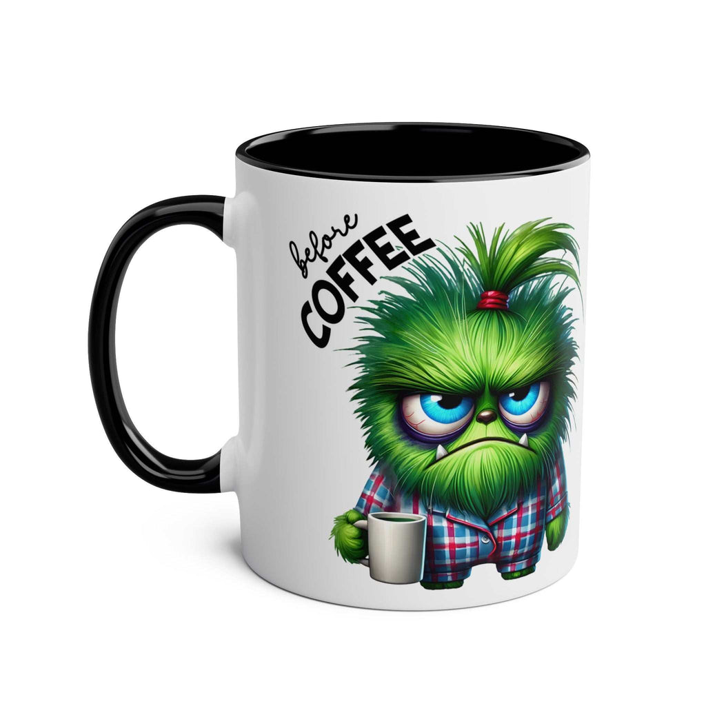 Fun sarcastic coffee mug with grumpy green character and humorous text, perfect for coffee lovers.