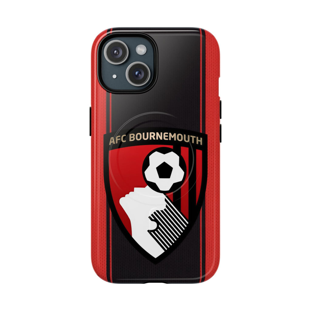 AFC Bournemouth MagSafe iPhone case with club crest and red-black design, dual-layer protection, MagSafe compatible, slim and durable.