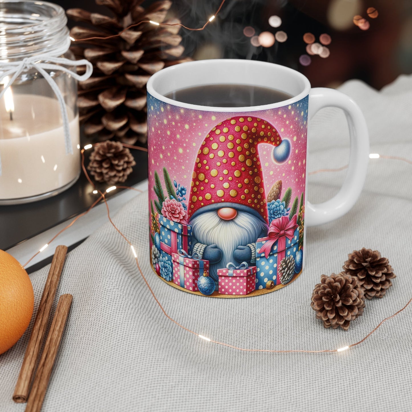 Christmas Gnome Mug with festive design, 11oz ceramic, glossy finish, microwave and dishwasher safe.