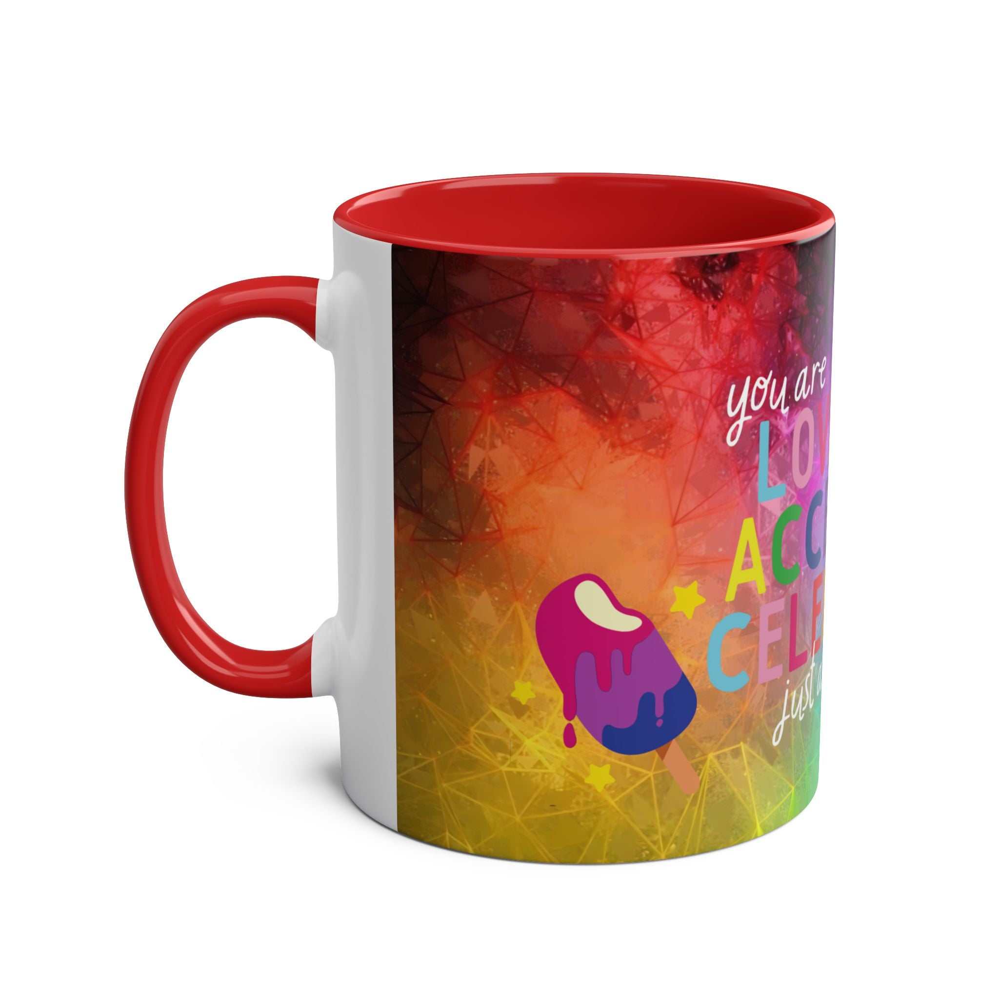 LGBTQ+ Pride Mug with vibrant rainbow design and red handle.