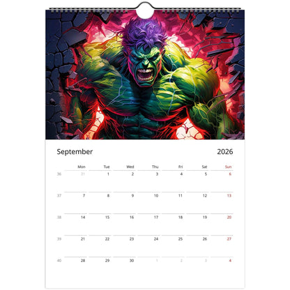 Superhero Calendar 2026 featuring vibrant comic-style Hulk illustration for September with spiral binding and date squares for notes.