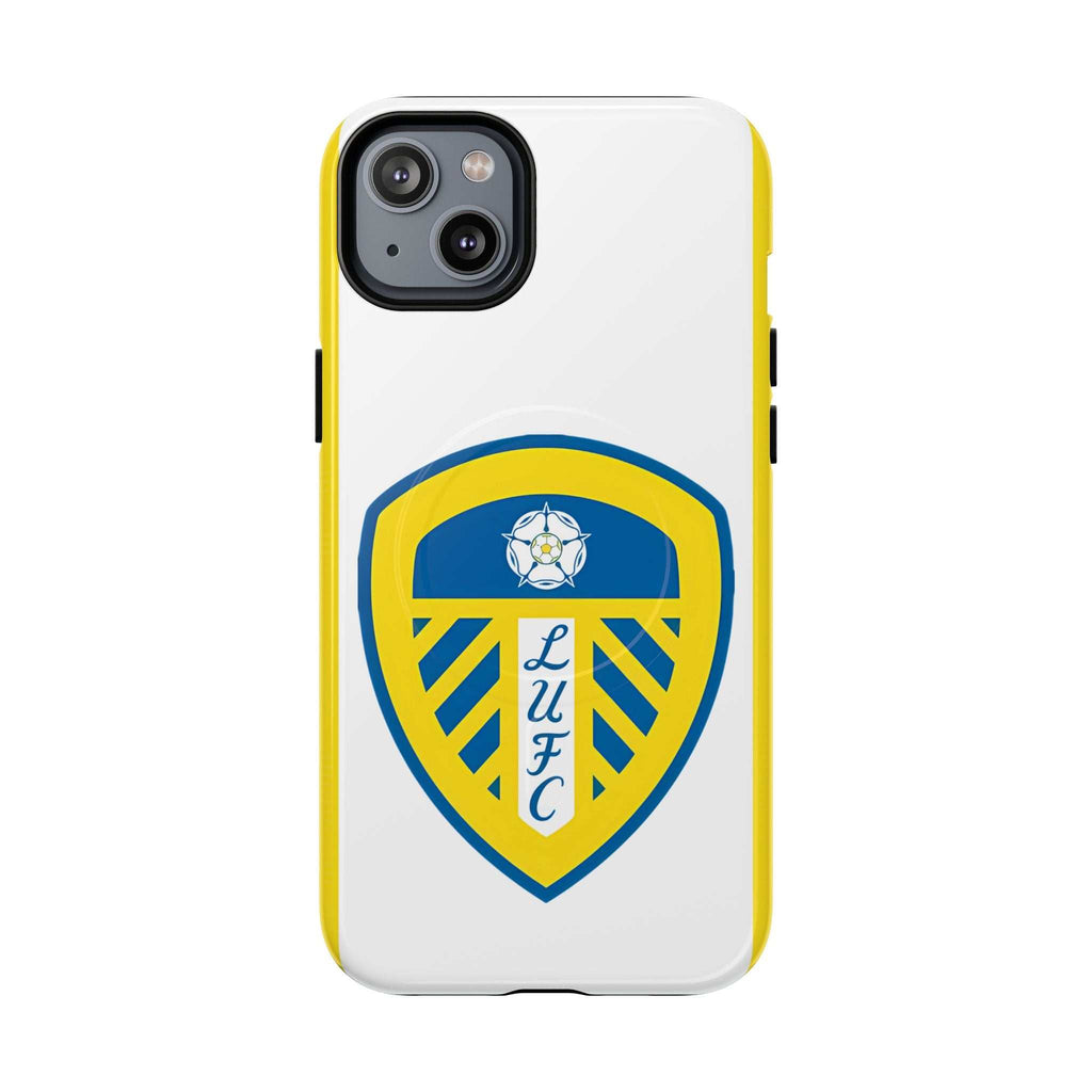 Leeds Utd Magsafe iPhone Case with official-inspired crest, white and yellow, MagSafe compatible, dual layer protection, shock-absorbing TPU lining