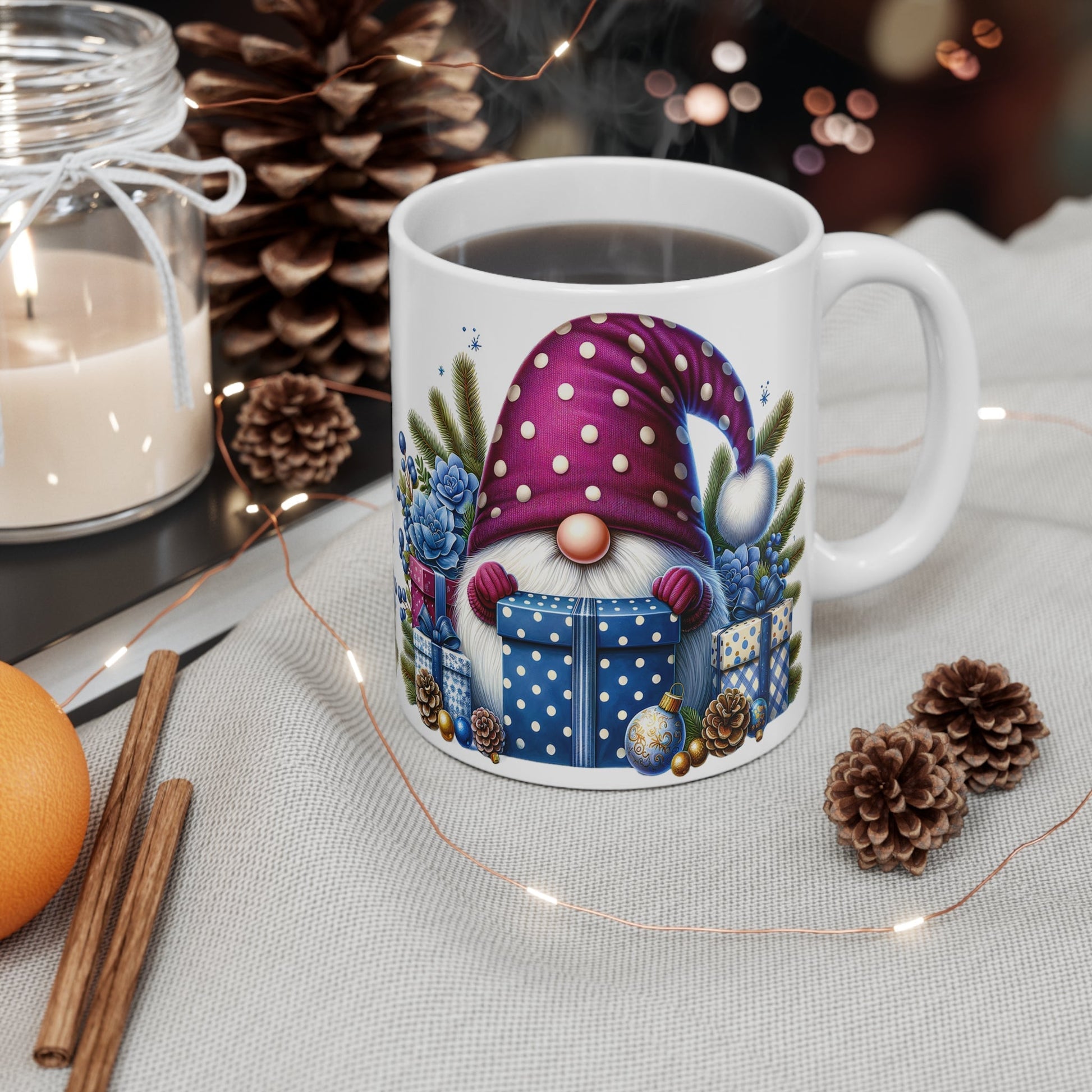 Cute gnome Christmas mug with festive design, 11oz ceramic, glossy finish.