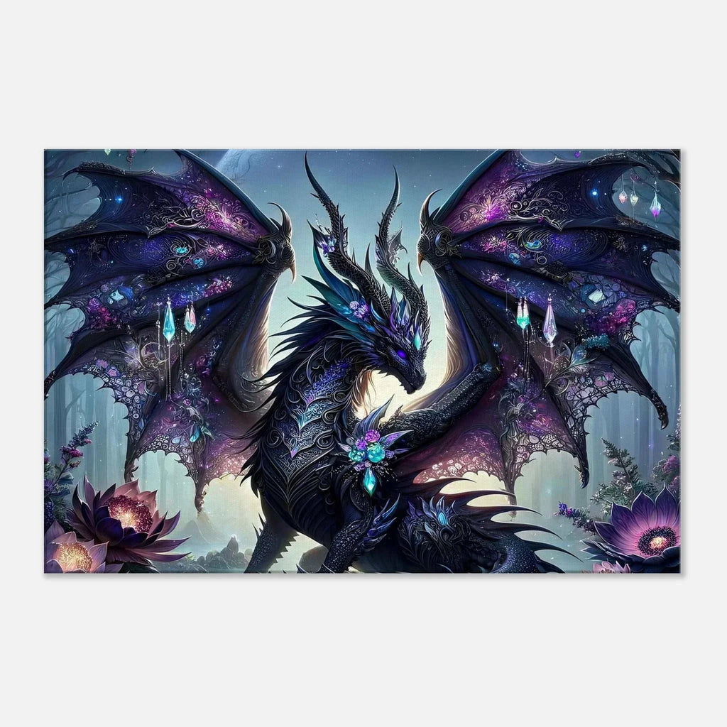 Black Gem Dragon Wall Canvas featuring a mythical dragon with shimmering gems, perfect for fantasy decor.