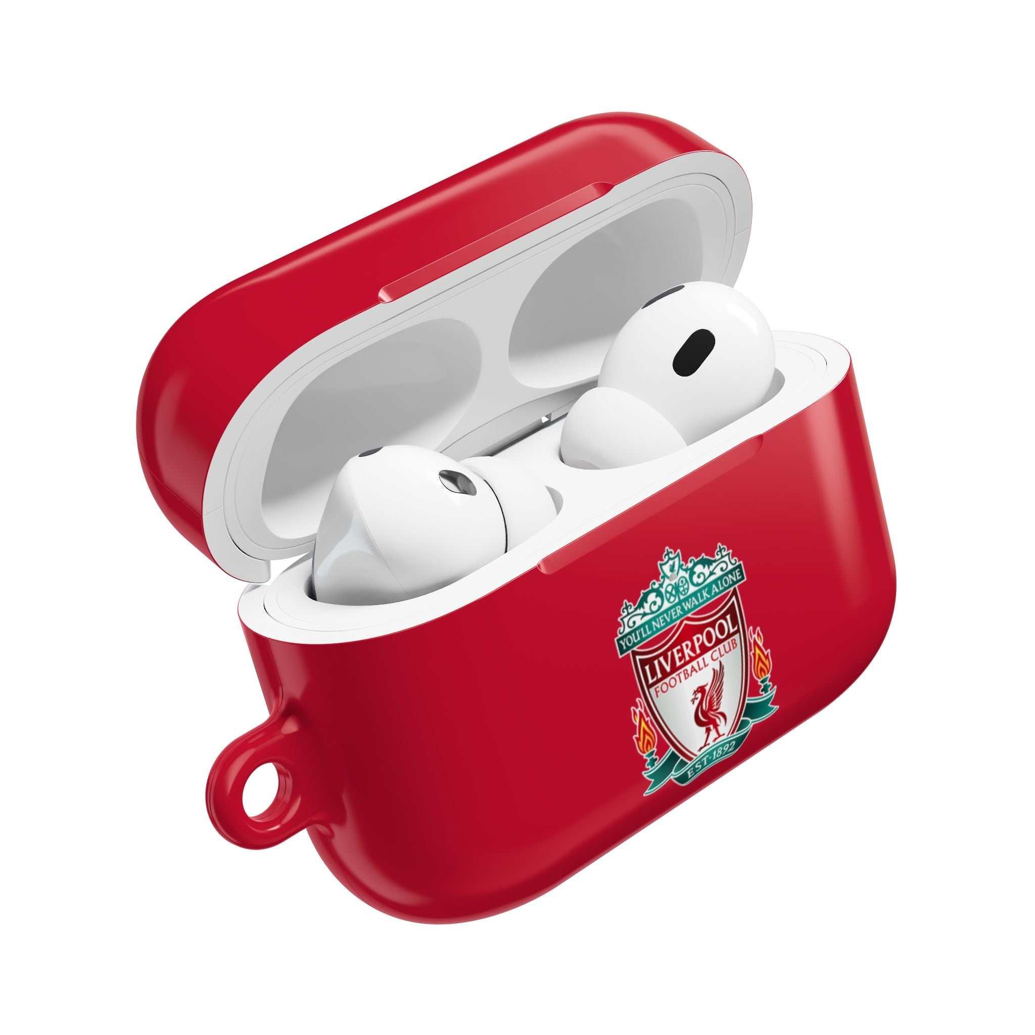 Liverpool FC red protective AirPods case with club crest, shock-resistant and wireless charging compatible