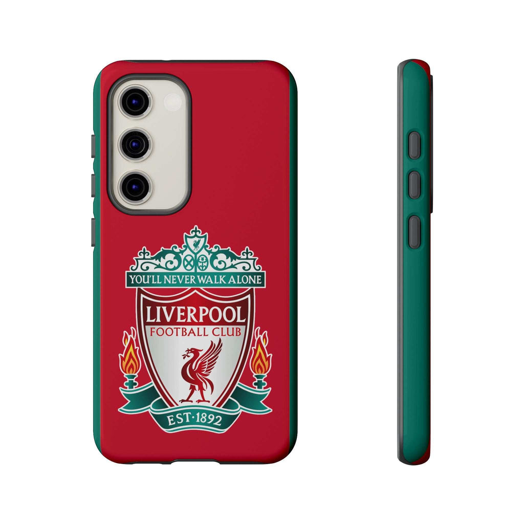 Liverpool FC magnetic shockproof Samsung Galaxy case in red with dual-layer protection and wireless charging compatibility