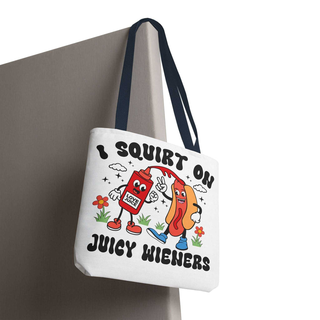 Juicy Wieners Fun Tote Bag with cheeky hot dog design and durable spun polyester fabric