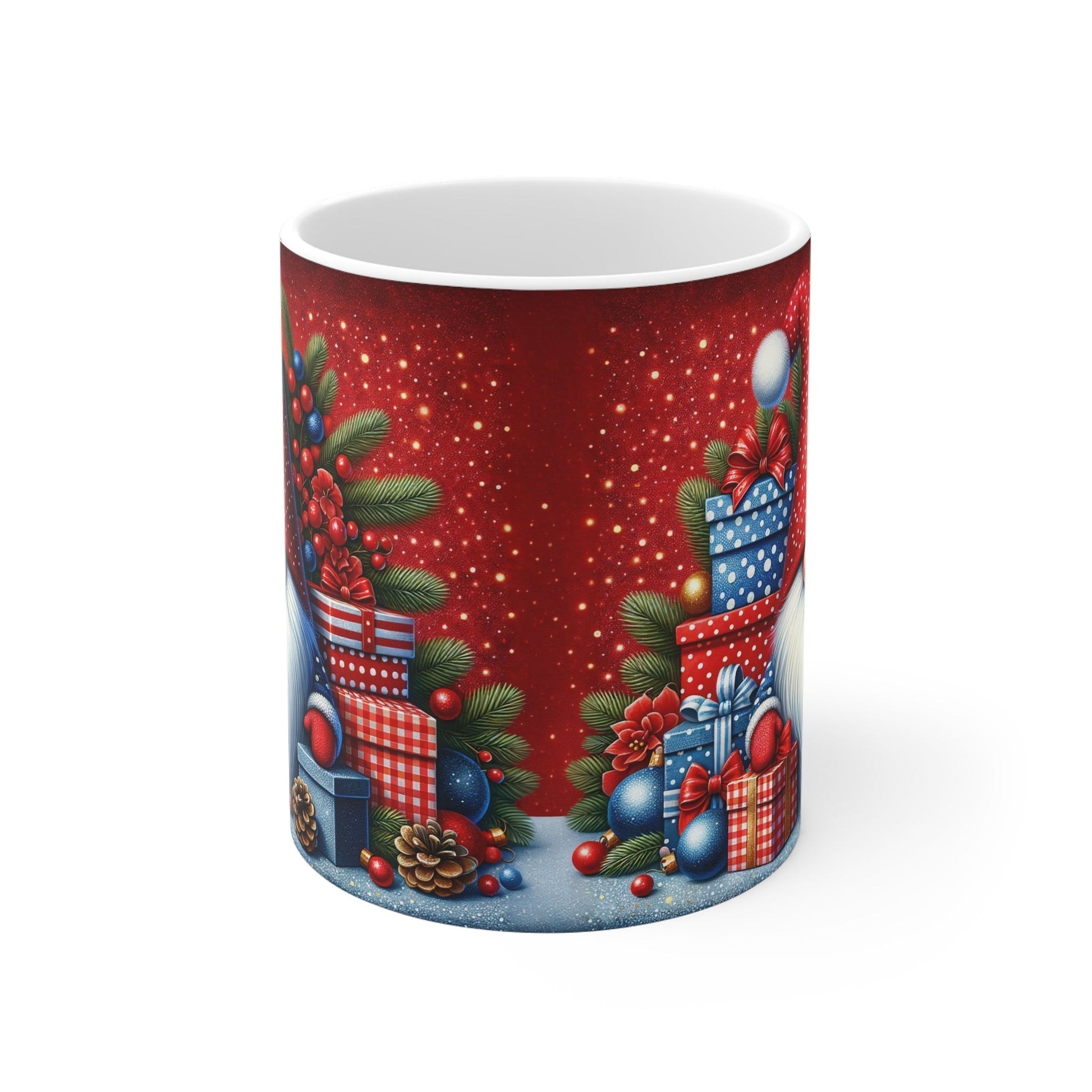 Christmas gnome mug with festive design on red background, 11oz ceramic, glossy finish, microwave and dishwasher safe.