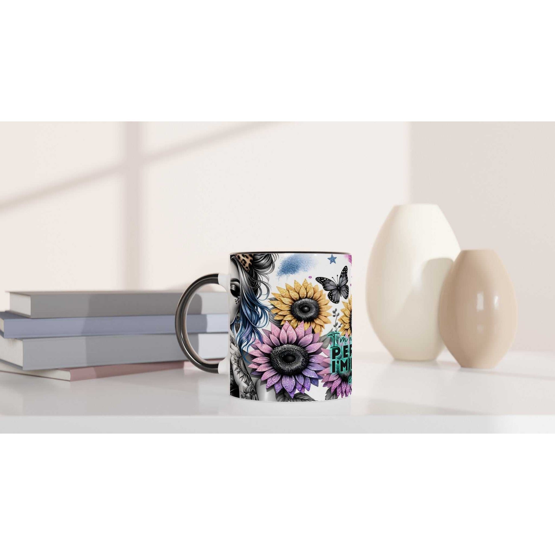 I'm Not Perfect motivational coffee mug with vibrant design and sublimation printed quote, 11oz ceramic, two-tone, glossy finish.