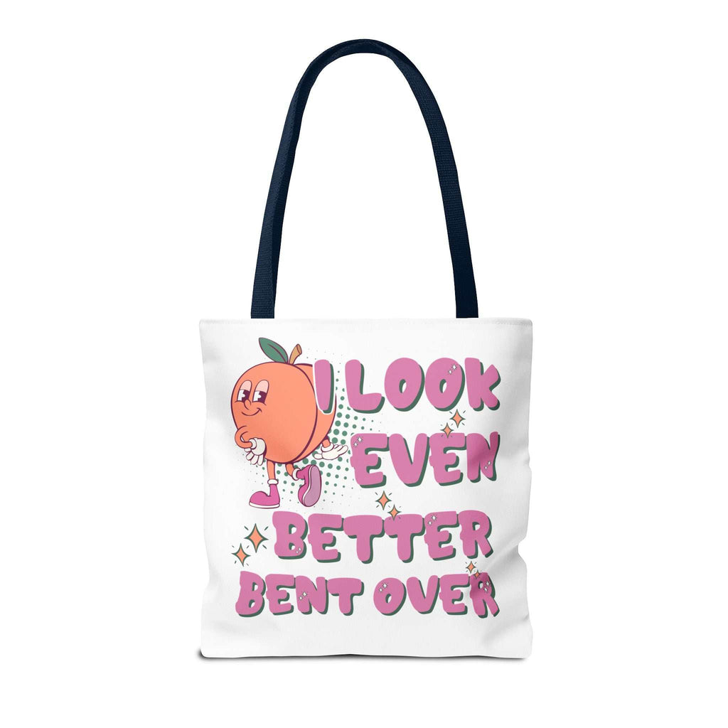 Cheeky Even Better Bent Over Tote Bag in multiple sizes with colorful handles, durable polyester, and fun design