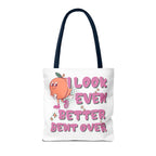 Cheeky Even Better Bent Over Tote Bag in multiple sizes with colorful handles, durable polyester, and fun design