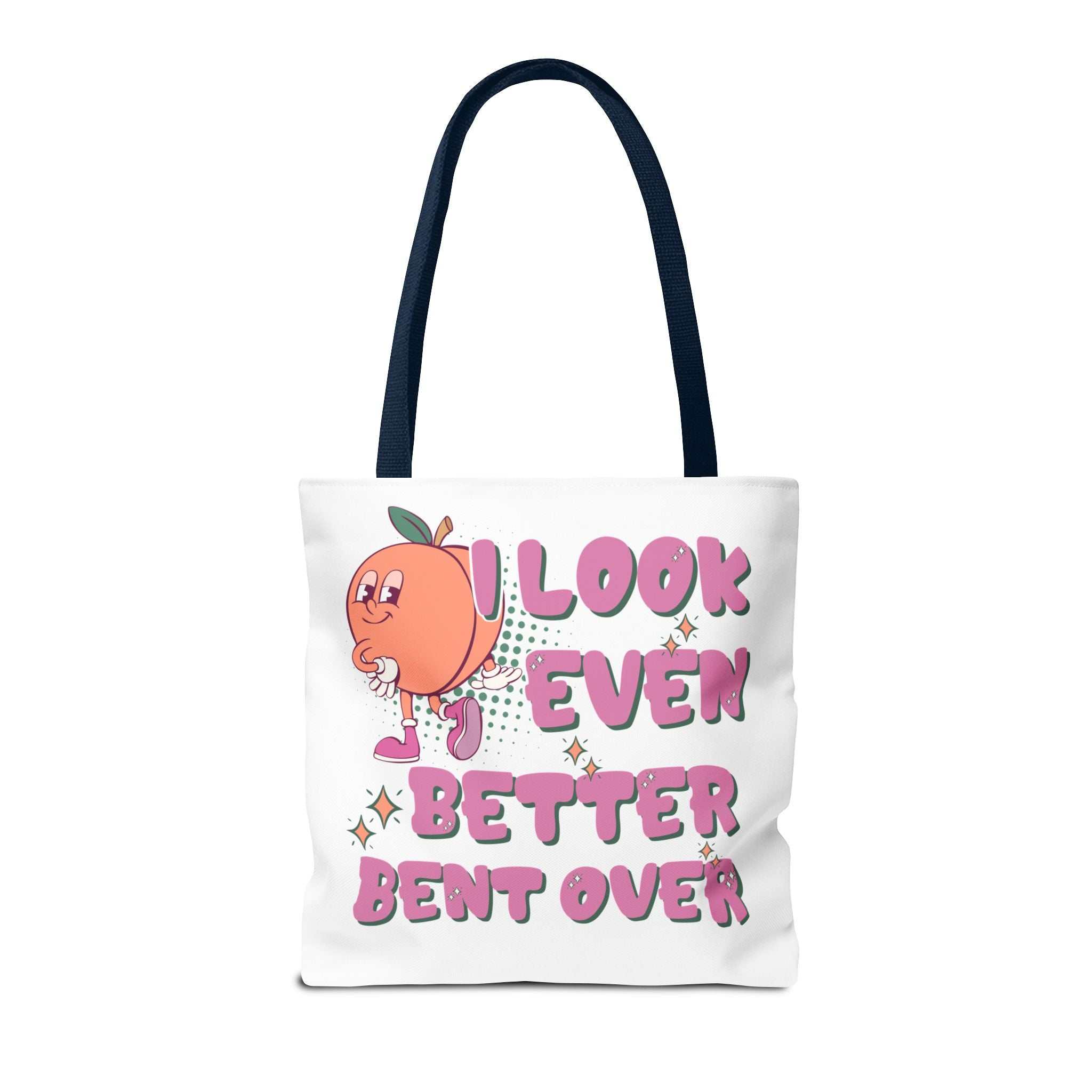 Cheeky Even Better Bent Over Tote Bag in multiple sizes with colorful handles, durable polyester, and fun design