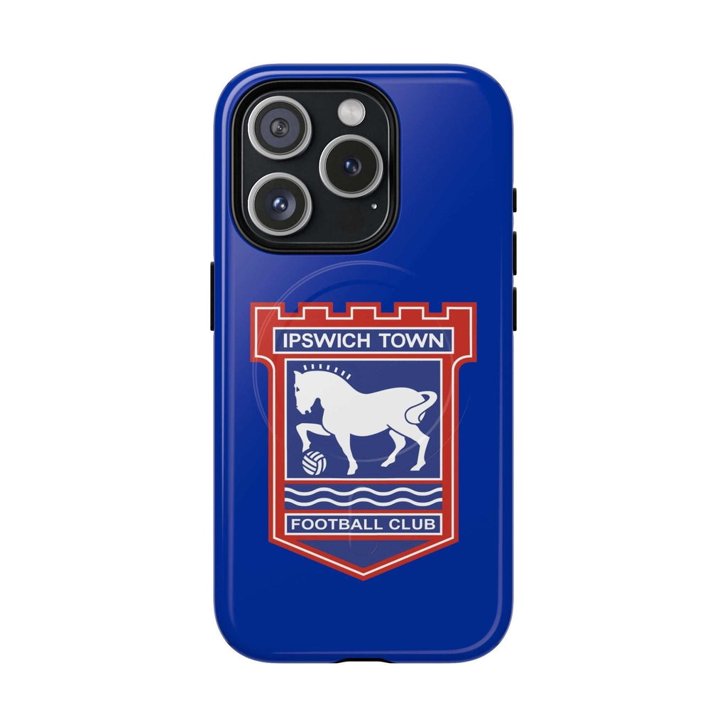 Ipswich Town MagSafe iPhone case in blue with club crest, dual-layer protection, and MagSafe compatibility