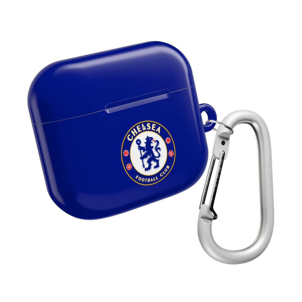 Chelsea FC AirPods protective hard case in royal blue with club crest and carabiner clip