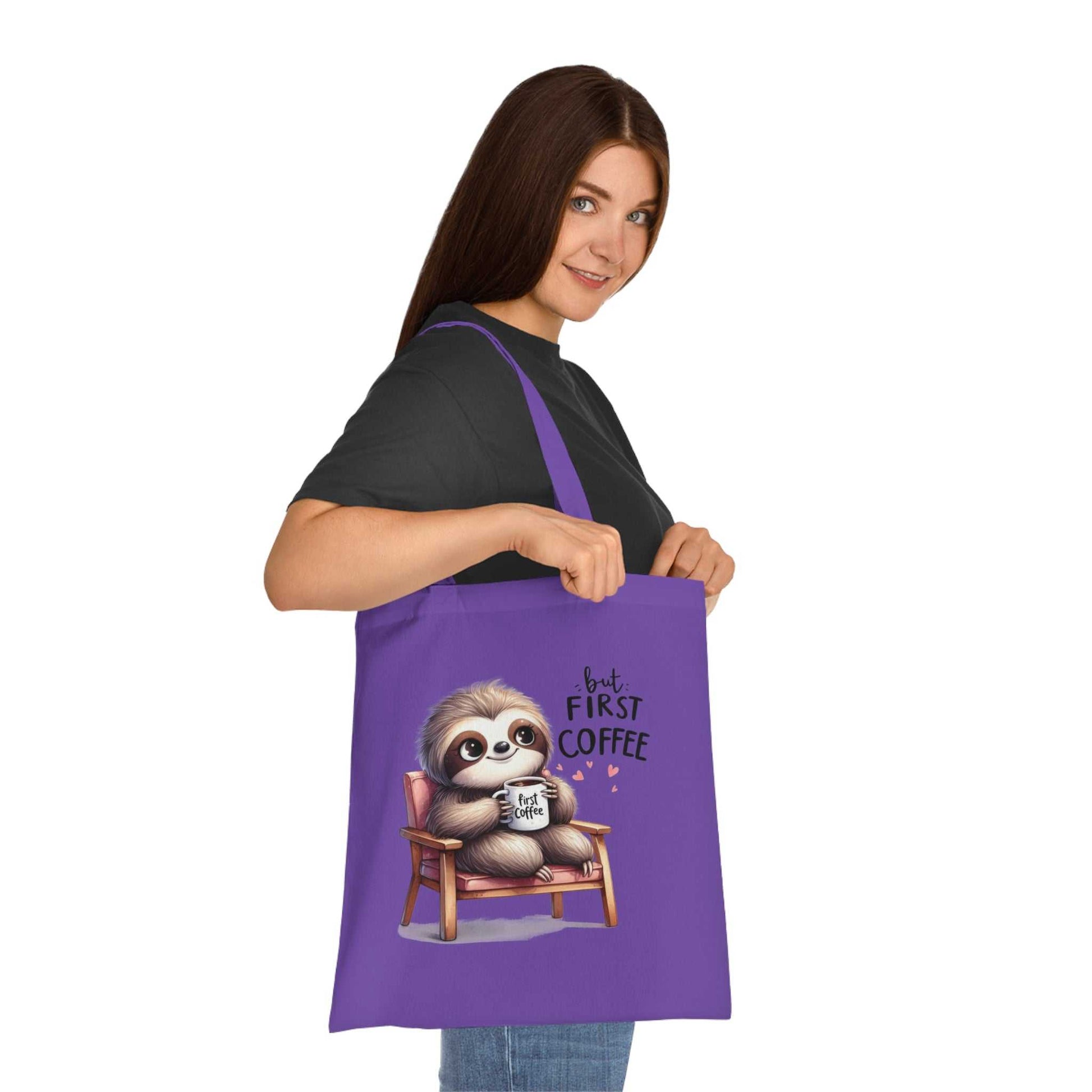 Cotton tote with cute sloth design in vibrant colors, perfect for everyday essentials.