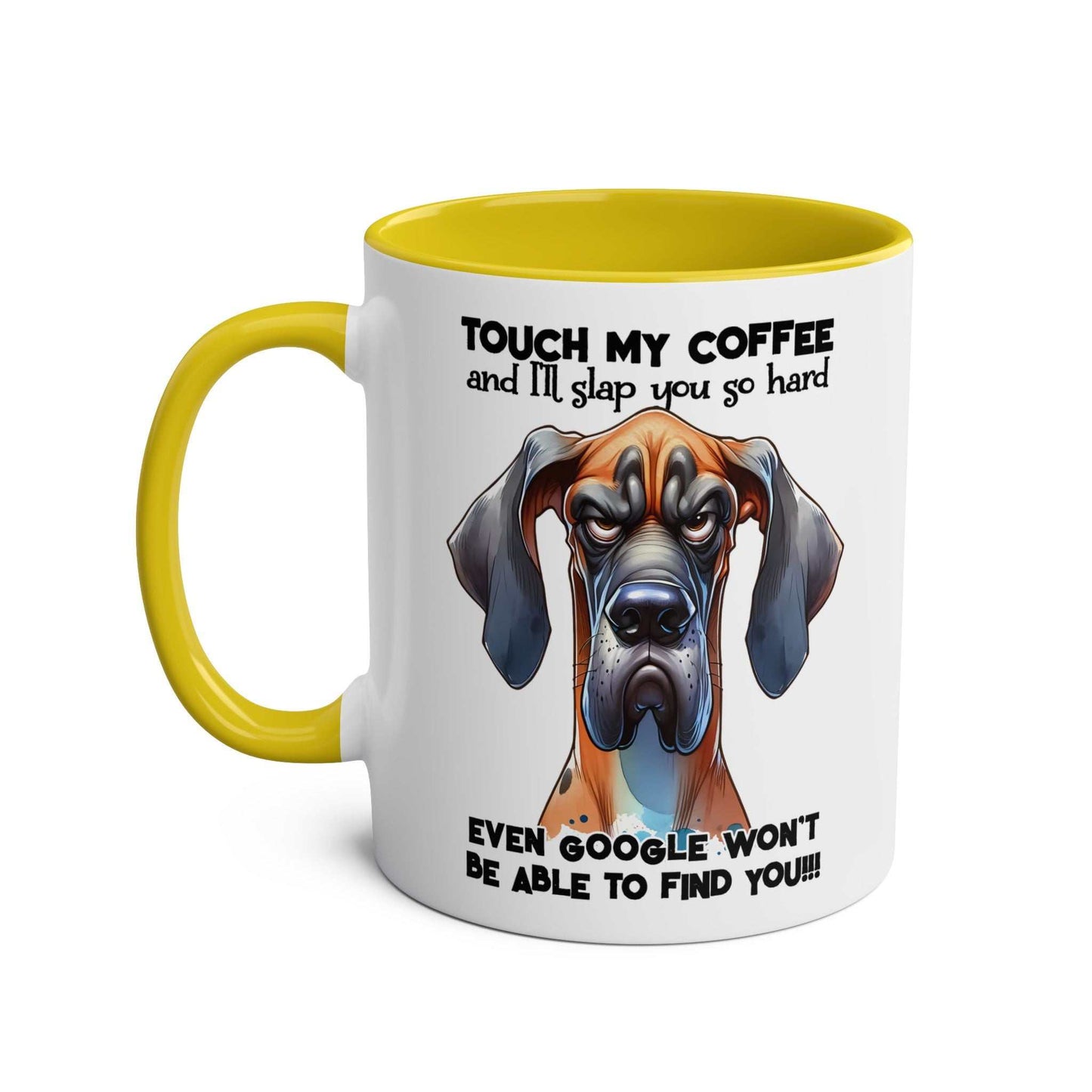 Dog-themed ceramic mug with humorous "Touch My Coffee" design and colorful handle.