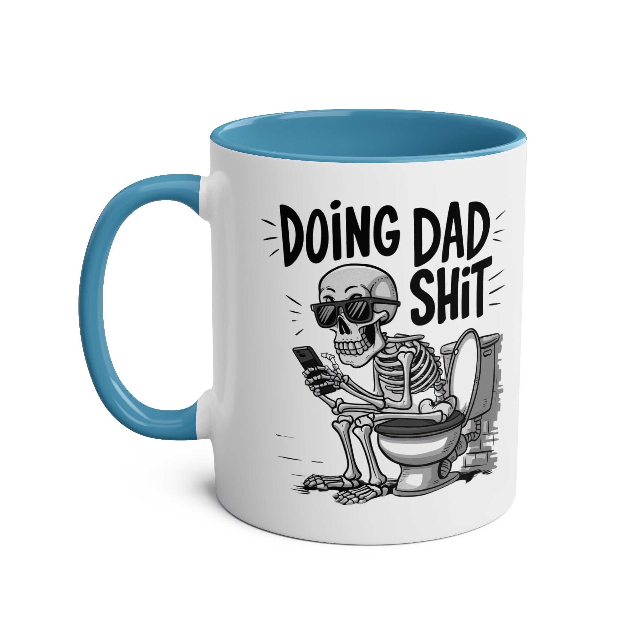 Fun Father's Day Gift Mug with humorous skeleton design, colorful handle, and "Doing Dad Shit" text.
