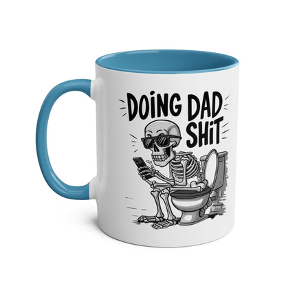 Fun Father's Day Gift Mug with humorous skeleton design, colorful handle, and "Doing Dad Shit" text.
