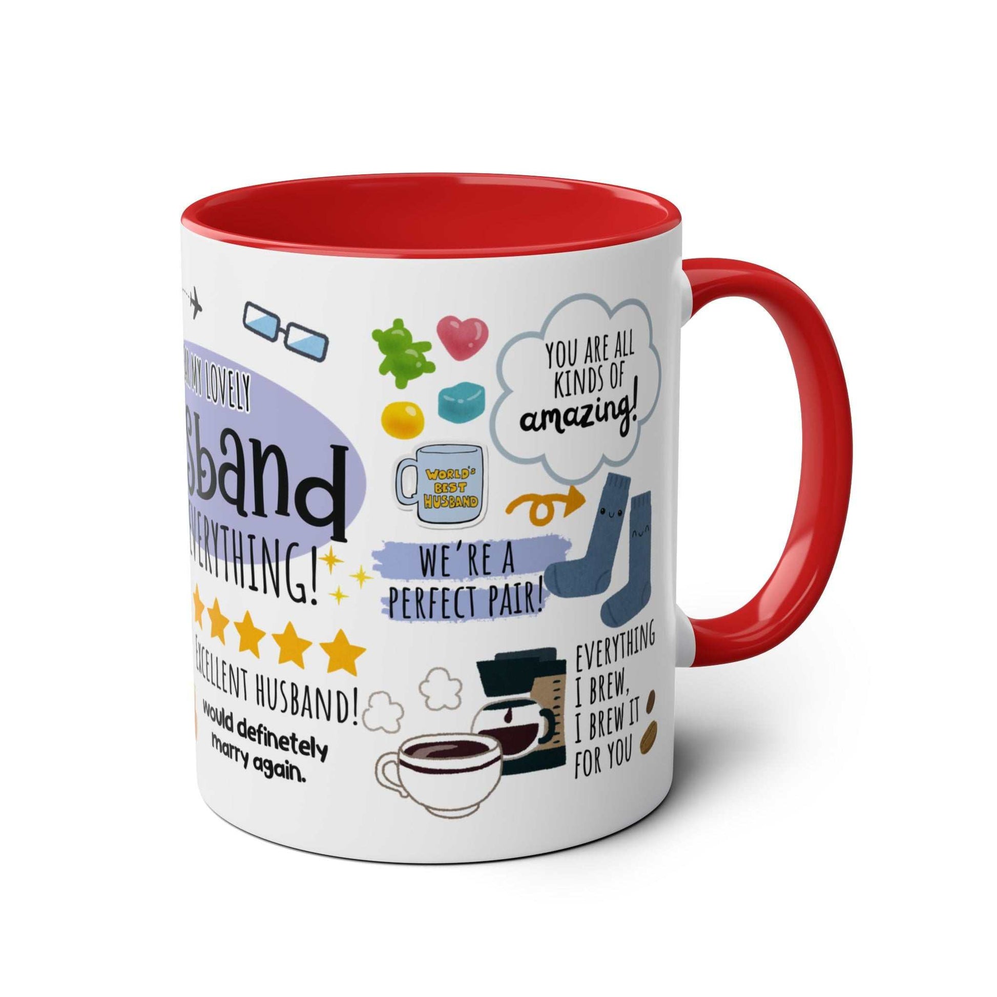 Husband Father's Day gift mug with colorful designs, red handle, and fun messages.