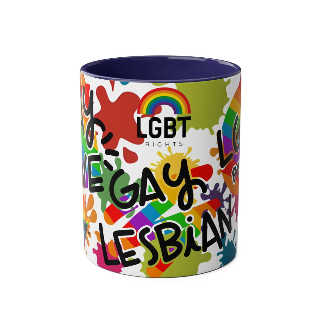 LGBTQ+ Pride Mug with colorful rainbow design, featuring "LGBT Rights" text and symbols, 11oz ceramic, vibrant and glossy.