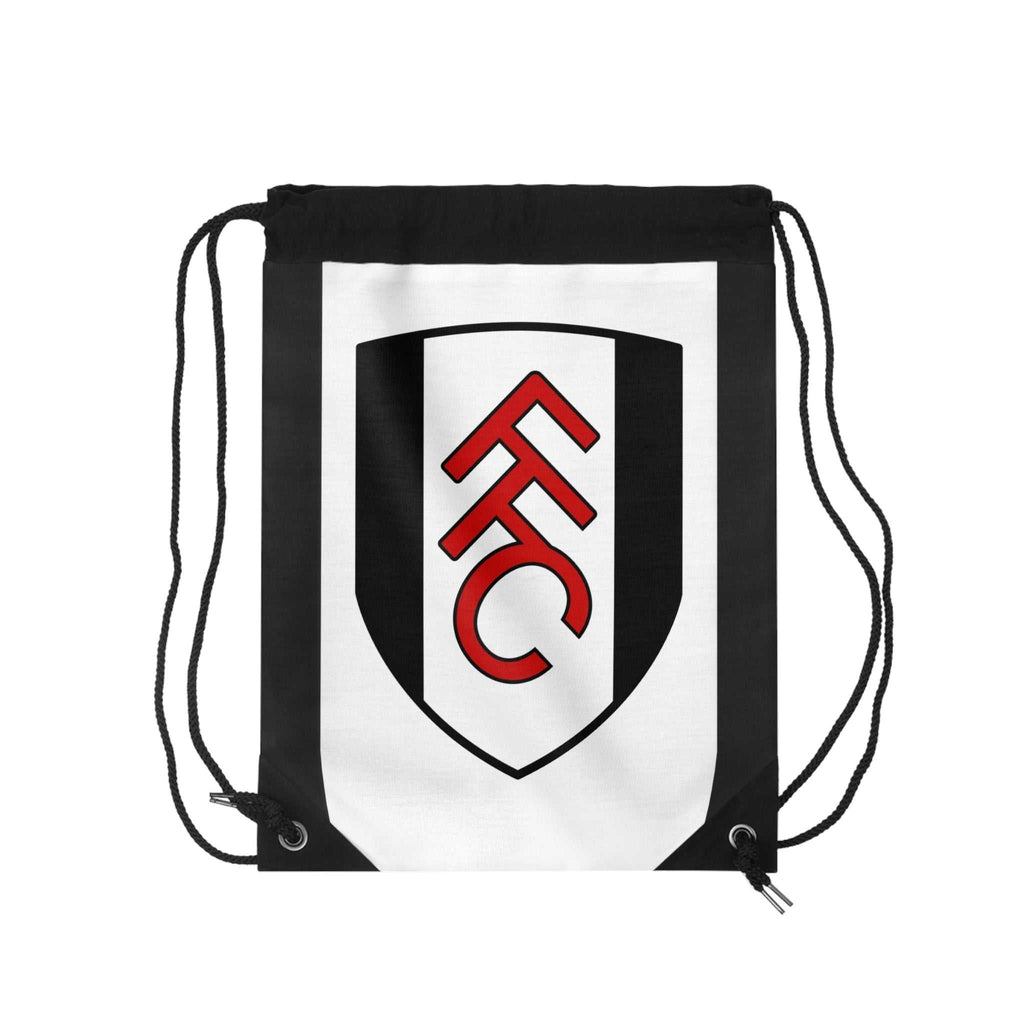 Fulham FC drawstring bag in black and white with club crest, durable polyester, lightweight and spacious for gym or travel use