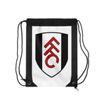 Fulham FC drawstring bag in black and white with club crest, durable polyester, lightweight and spacious for gym or travel use