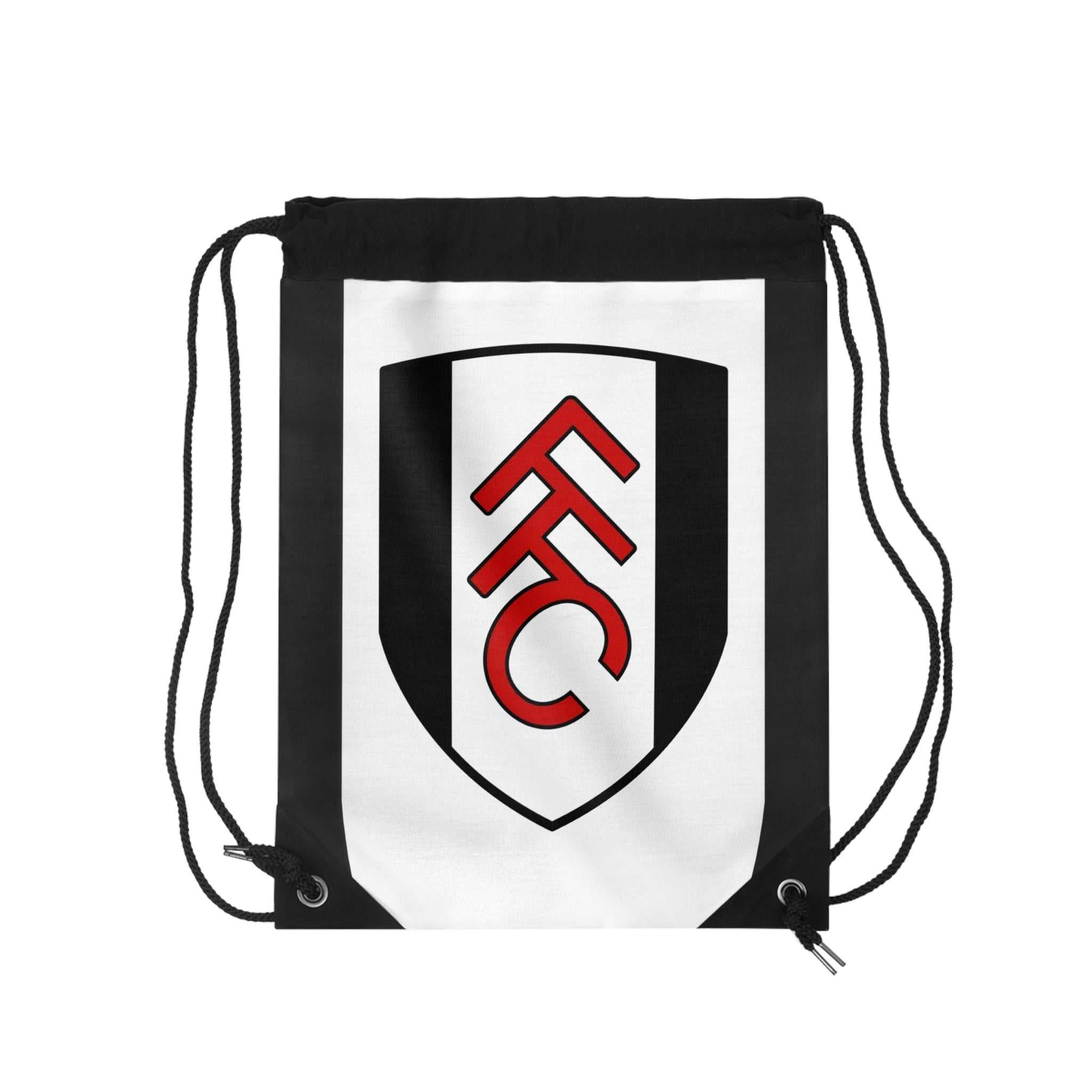 Fulham FC drawstring bag in black and white with club crest, durable polyester, lightweight and spacious for gym or travel use