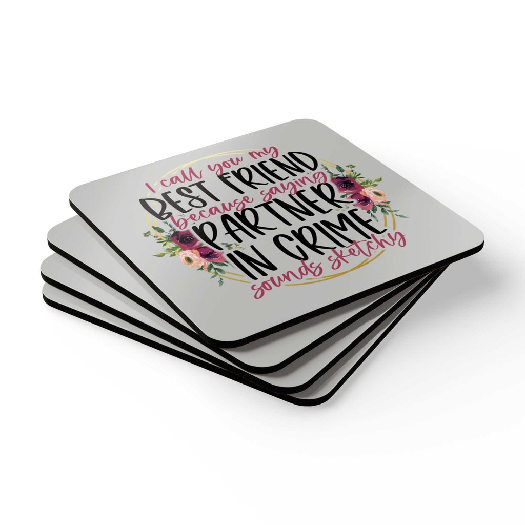 Partner In Crime Coaster Set with floral design; high-gloss MDF, cork back, rounded corners.