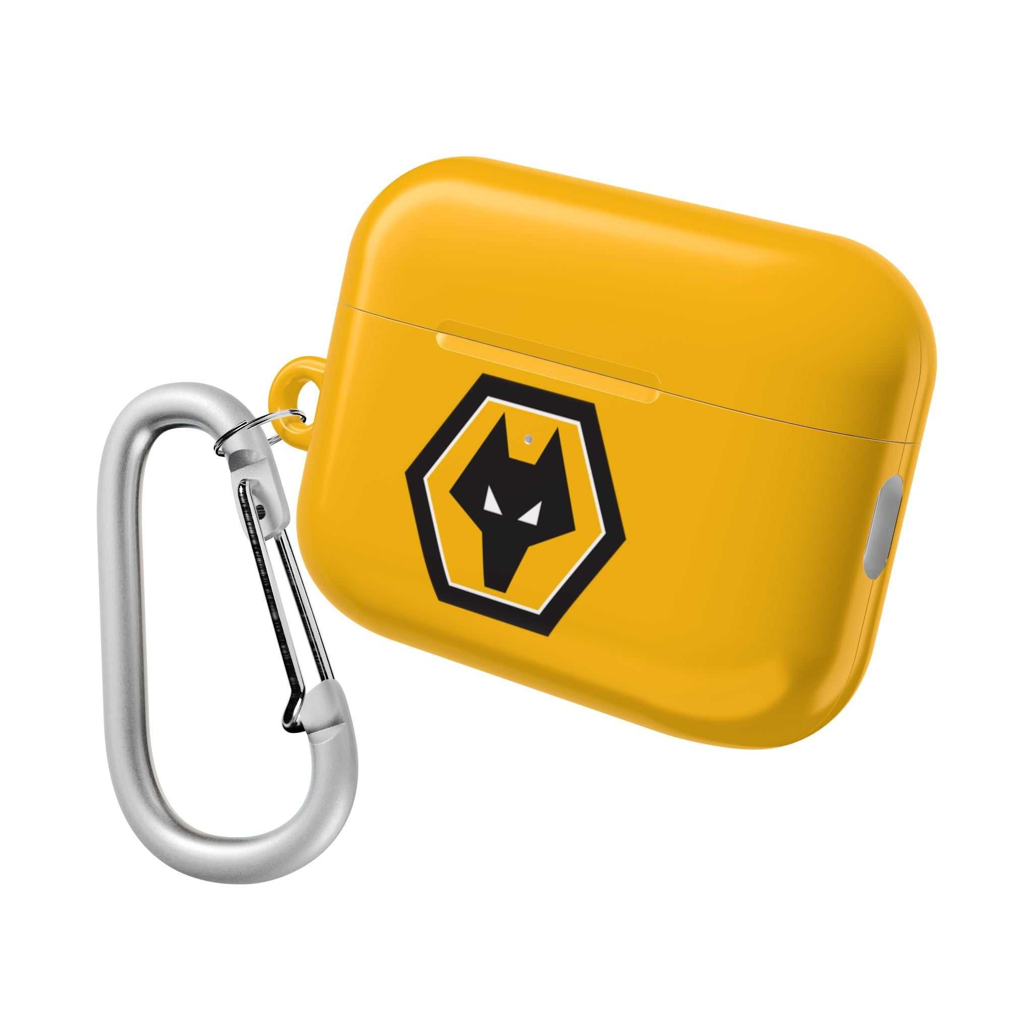 Wolverhampton Wanderers Wolves FC AirPods protective case in gold with wolf crest and carabiner clip