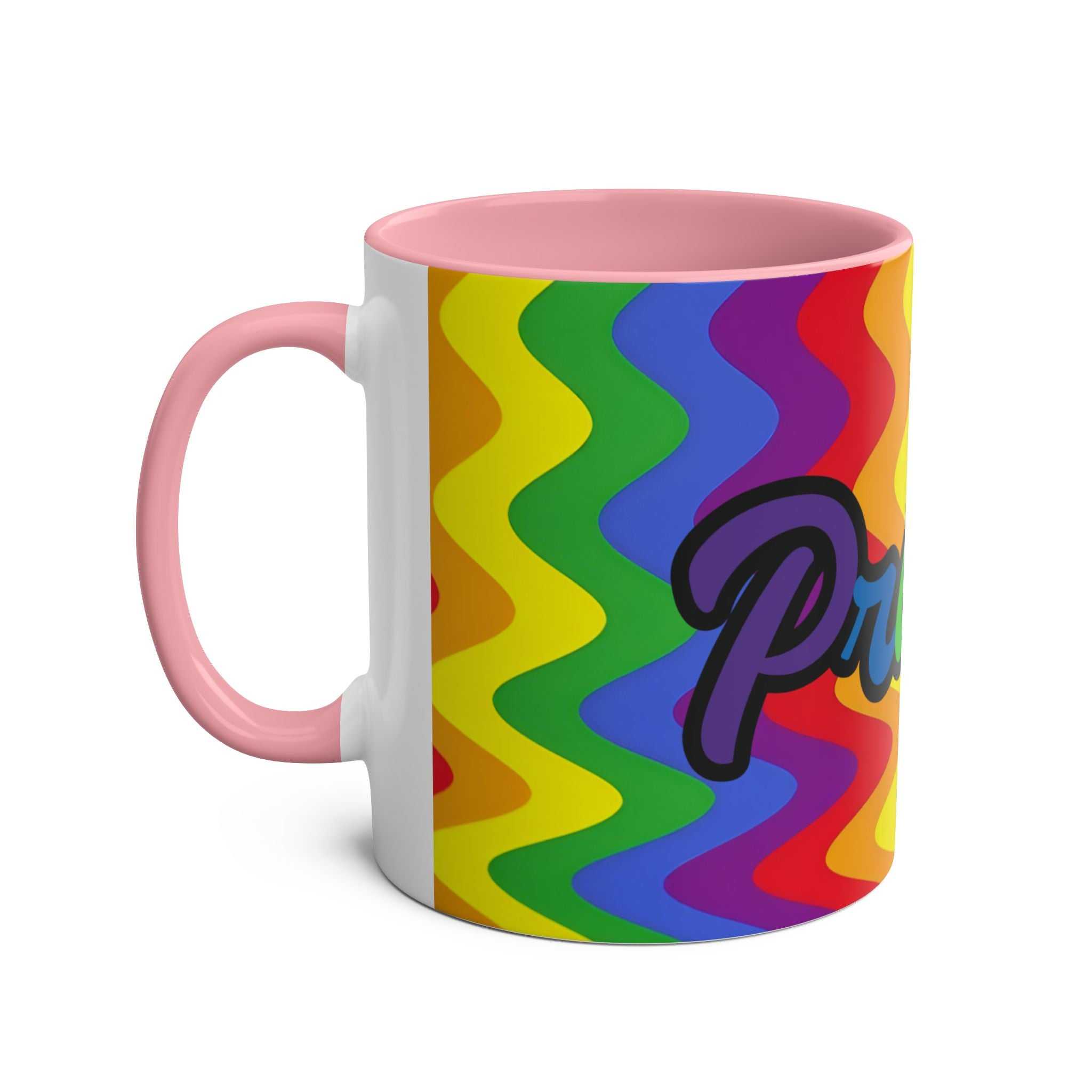 LGBTQ+ Pride Mug with vibrant rainbow design, high-quality ceramic, glossy finish, 11oz, microwave and dishwasher safe.