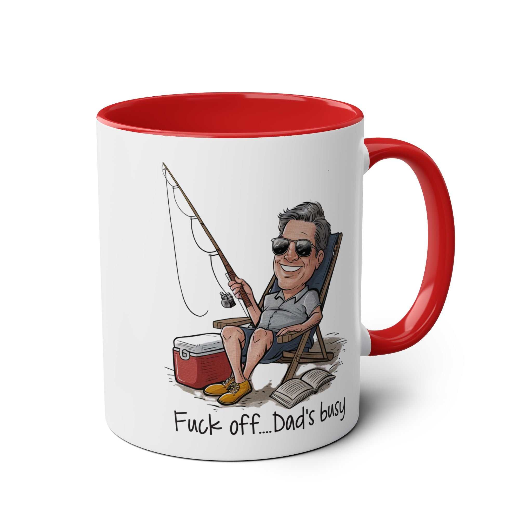 Fun Fathers Day Gift Mug with humorous fishing design, red handle, and interior.