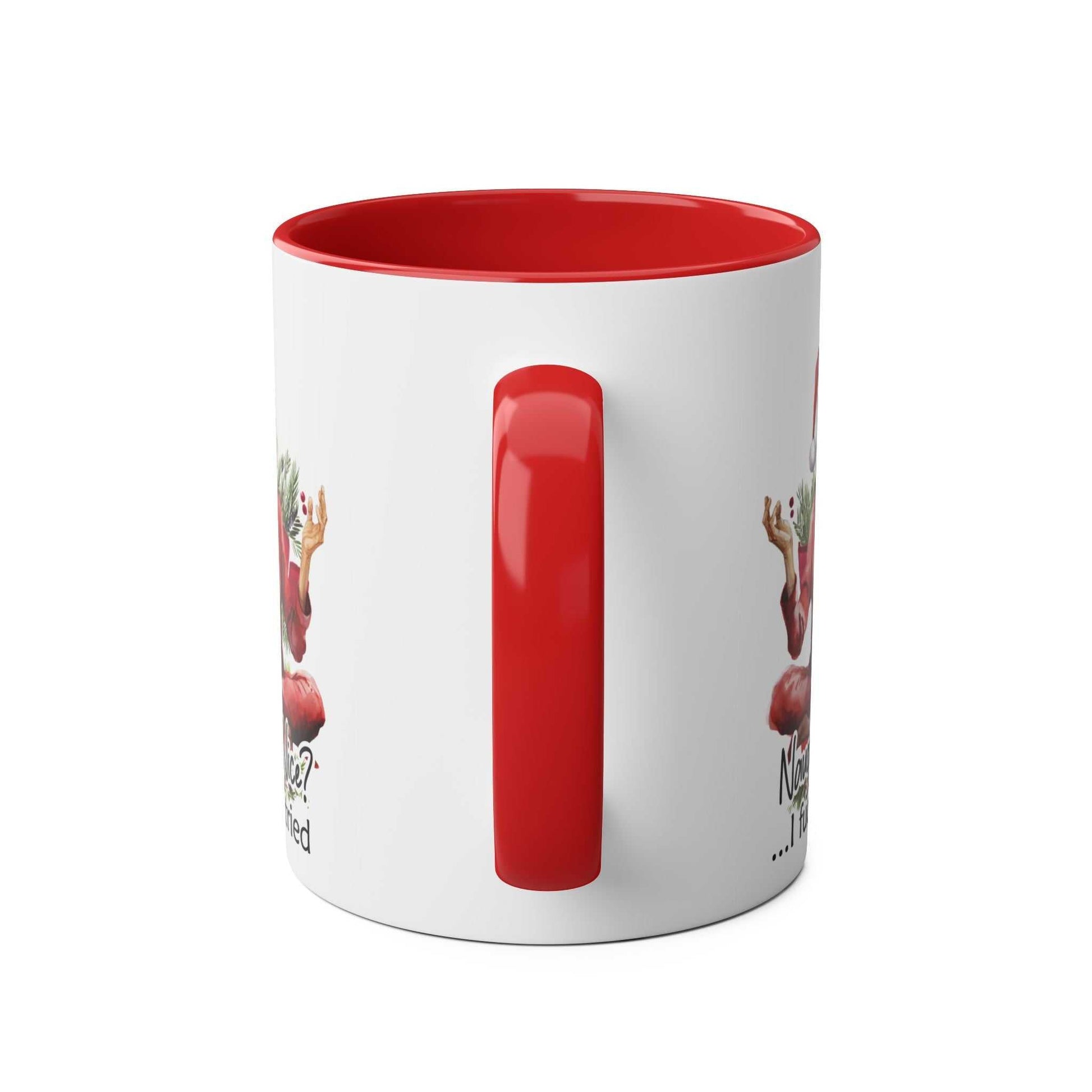 Sweary Granny Christmas Mug with red handle, cheeky festive design, 11oz ceramic, glossy finish.