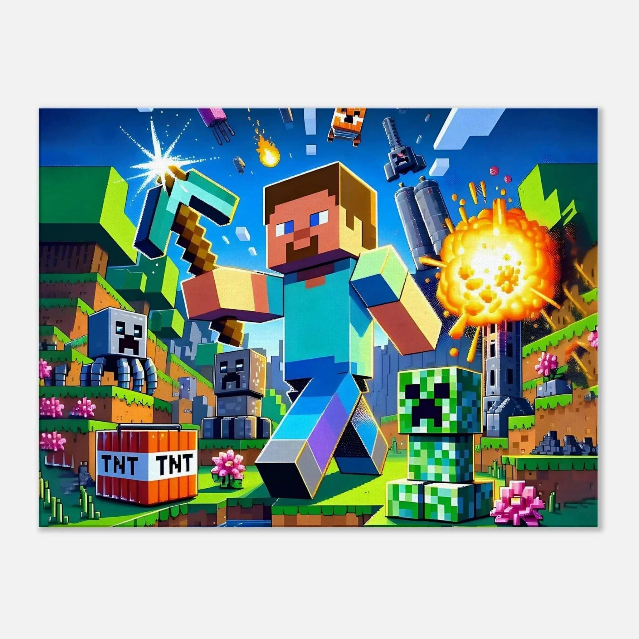 Vibrant Minecraft wall canvas featuring iconic characters and scenes from the game, perfect for fans.