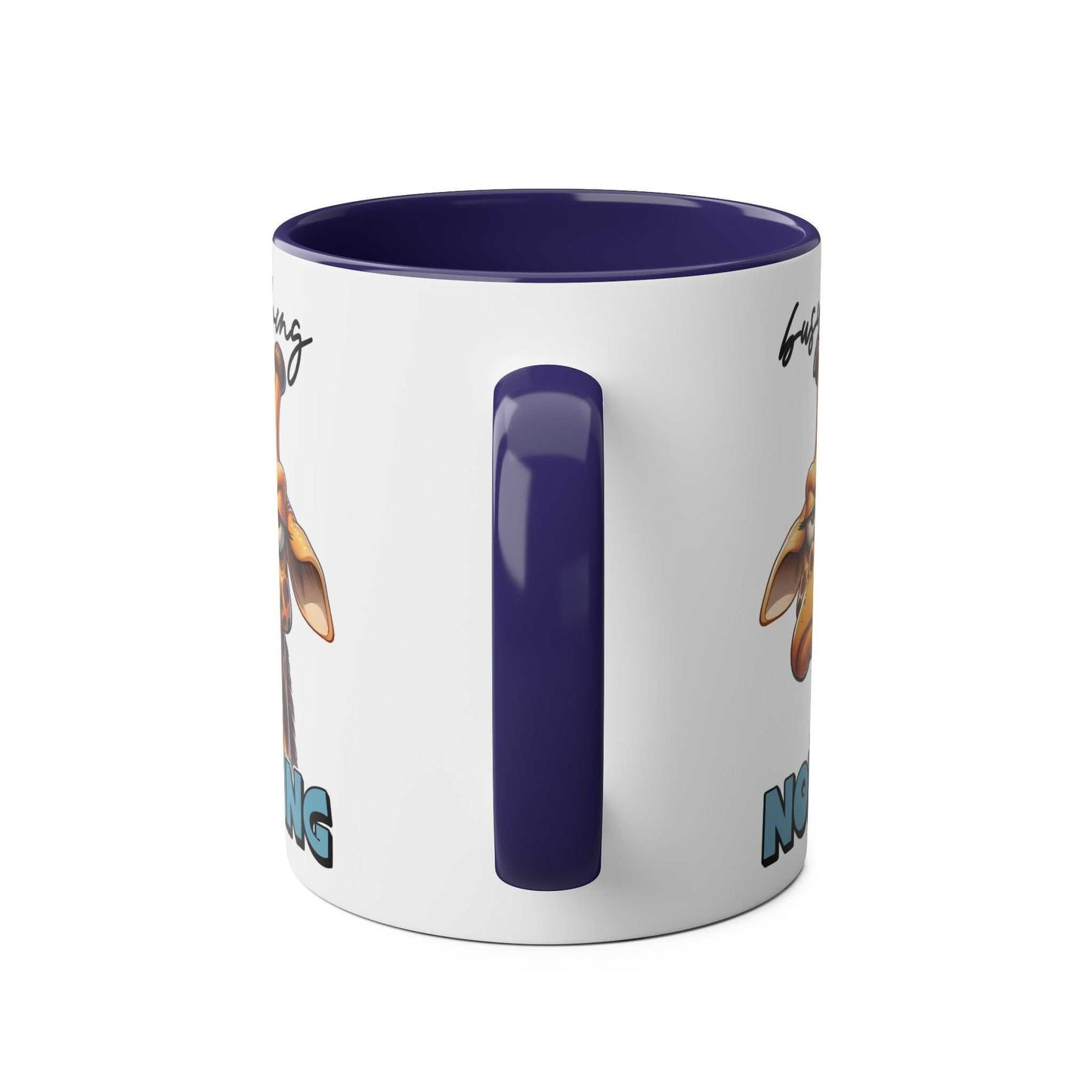 Giraffe design "Busy Doing Nothing" coffee mug, available in 7 colors, glossy finish.