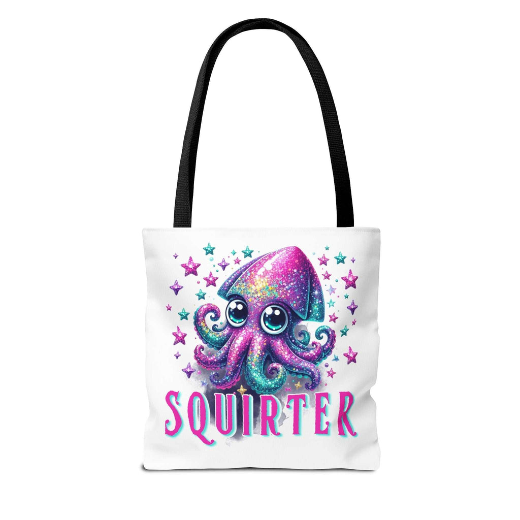 Cheeky Squirter Squid Tote Bag with durable spun polyester, multiple sizes and handle color options for everyday use