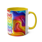 LGBTQ+ Pride Mug with vibrant rainbow design and love message.