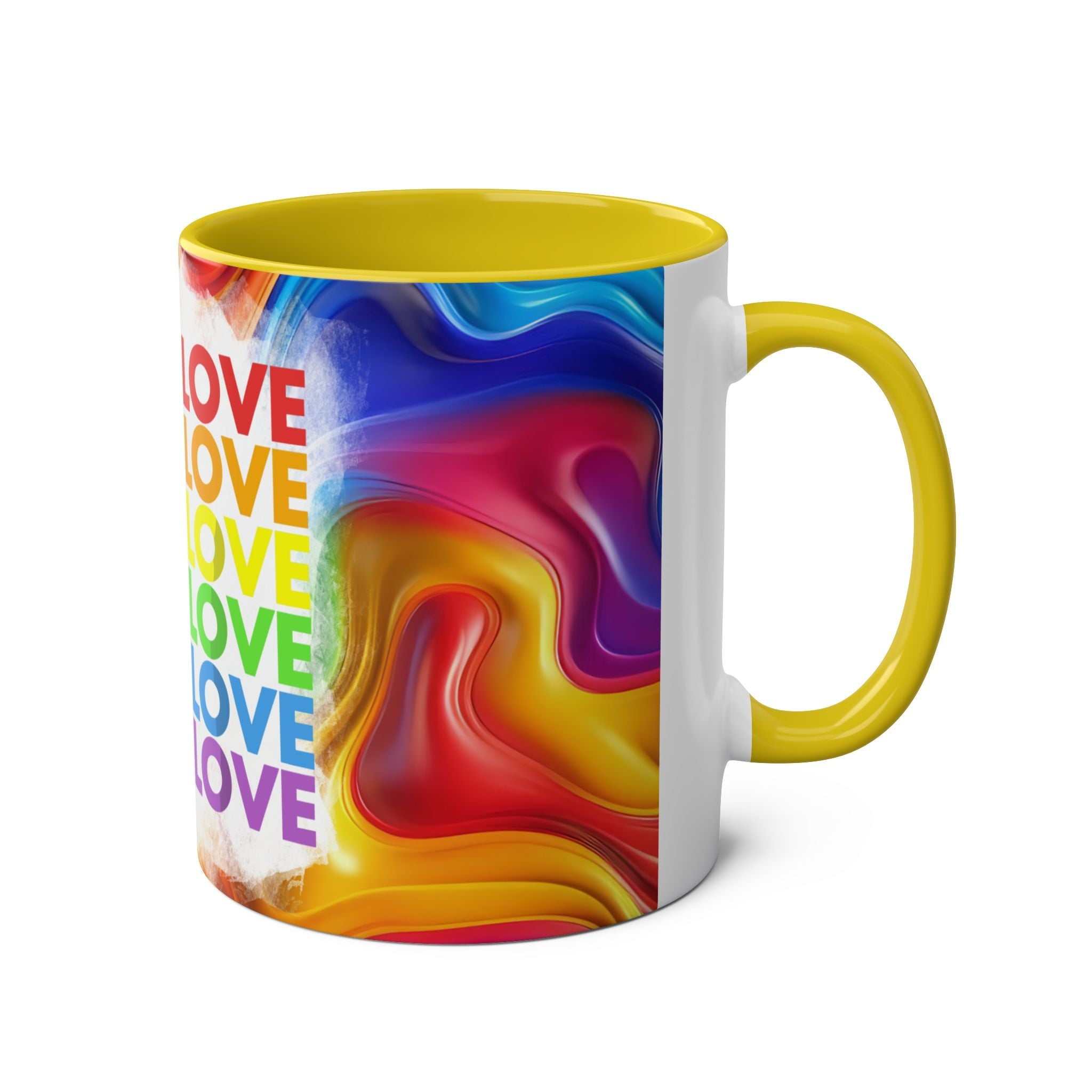 LGBTQ+ Pride Mug with vibrant rainbow design and love message.