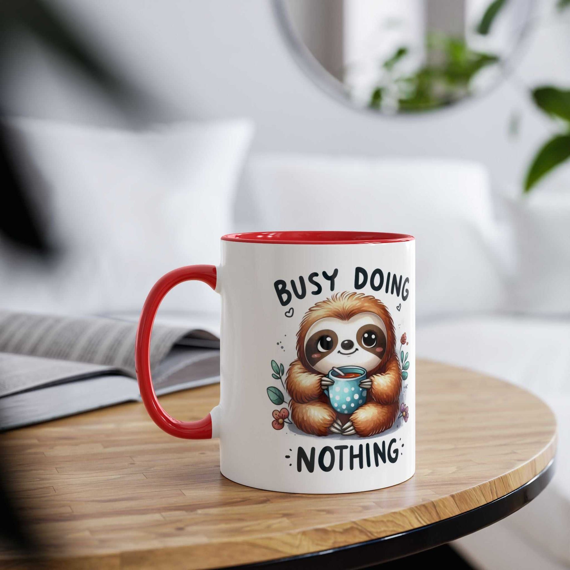 Cute sloth coffee mug with red handle, animal design, 11oz ceramic, perfect for gifts.