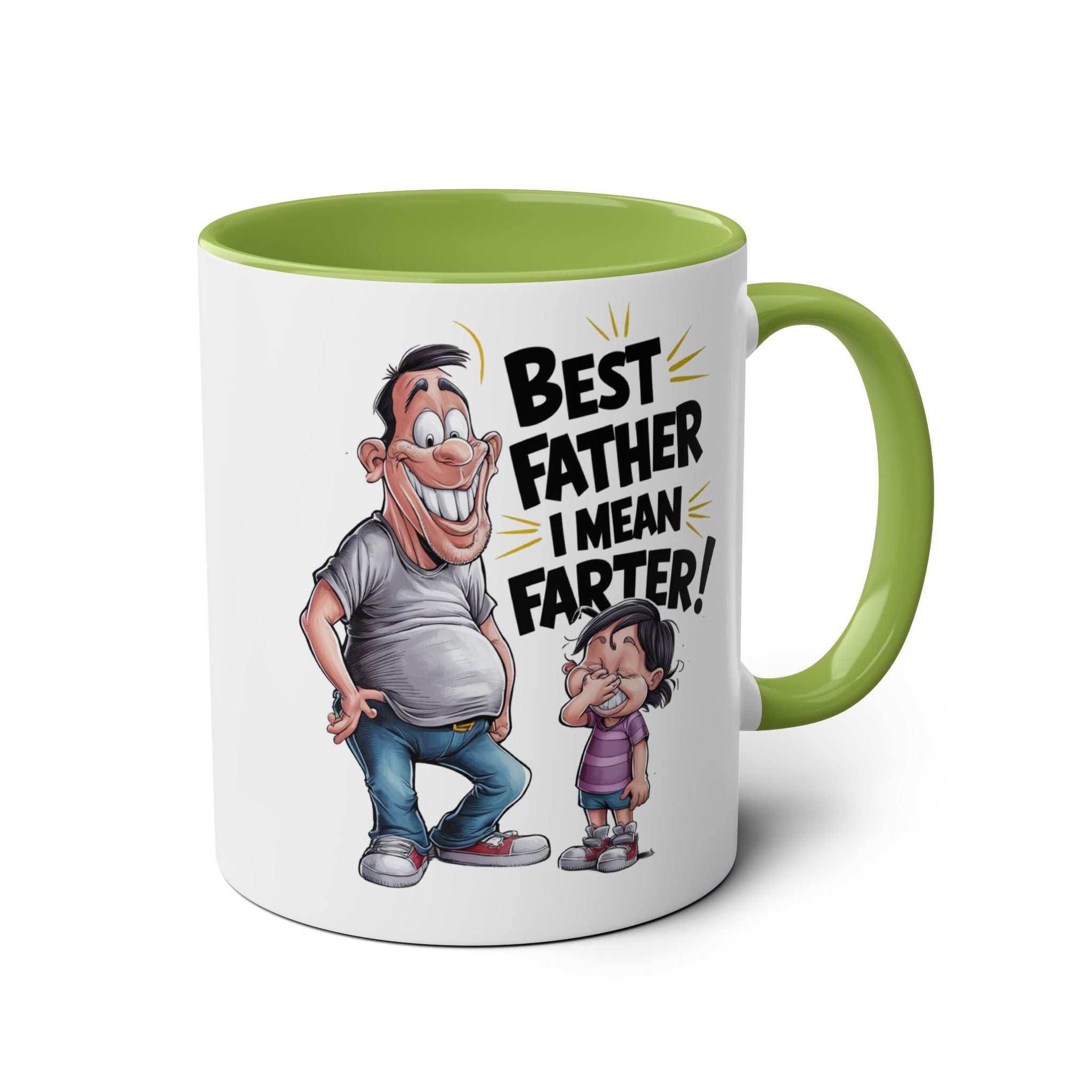 Fun Fathers Day Gift Mug with humorous design and green handle.