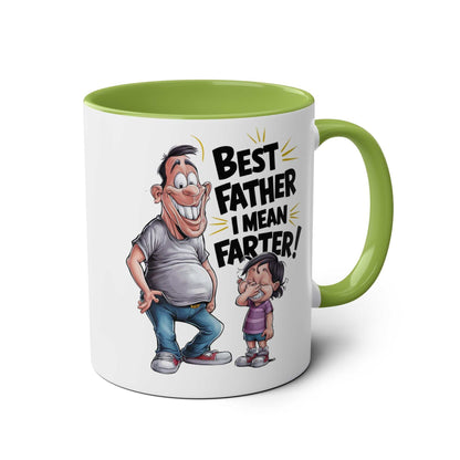 Fun Fathers Day Gift Mug with humorous design and green handle.
