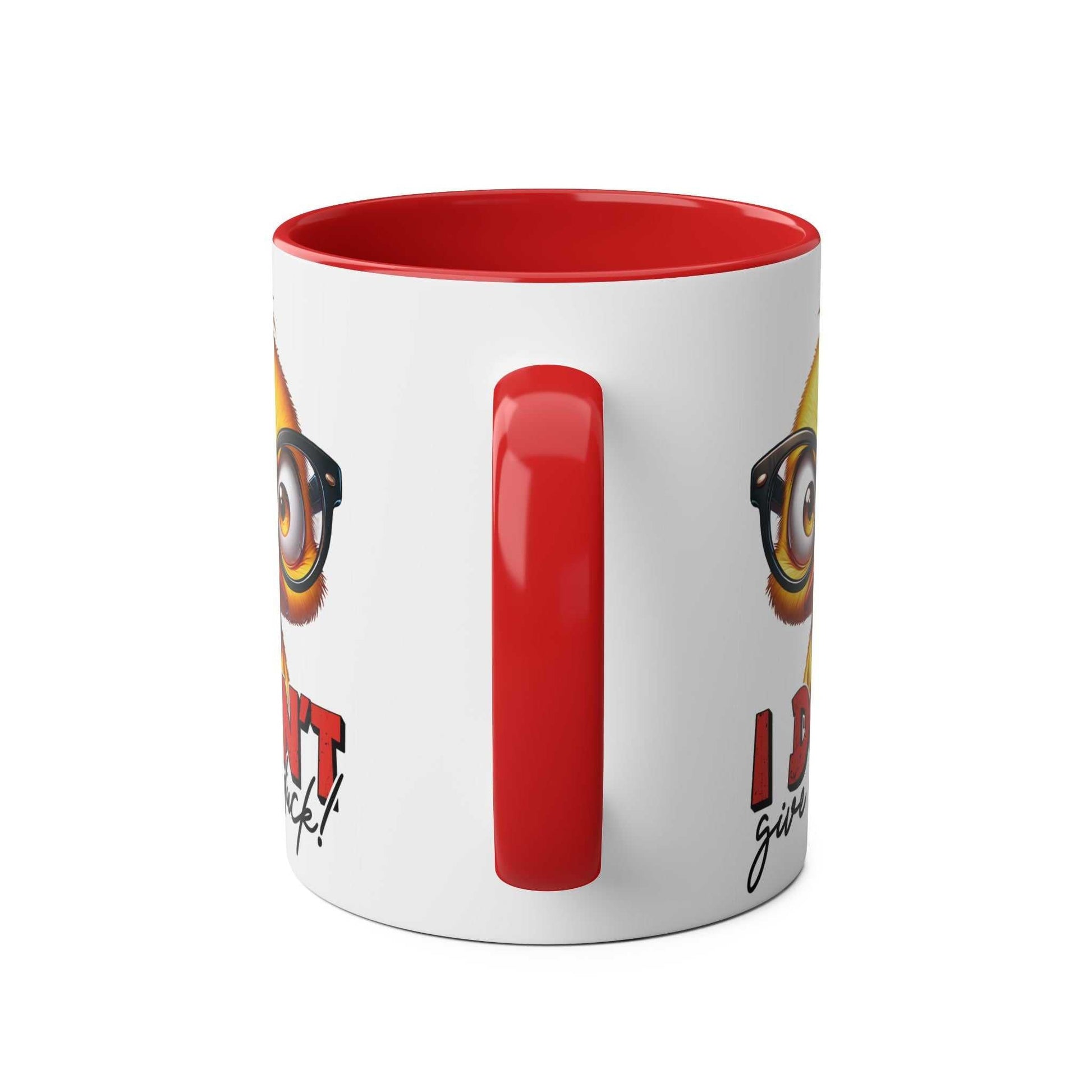 I Dont Give A Duck Coffee Mug with playful duck design, red handle, 11oz ceramic, dishwasher safe.