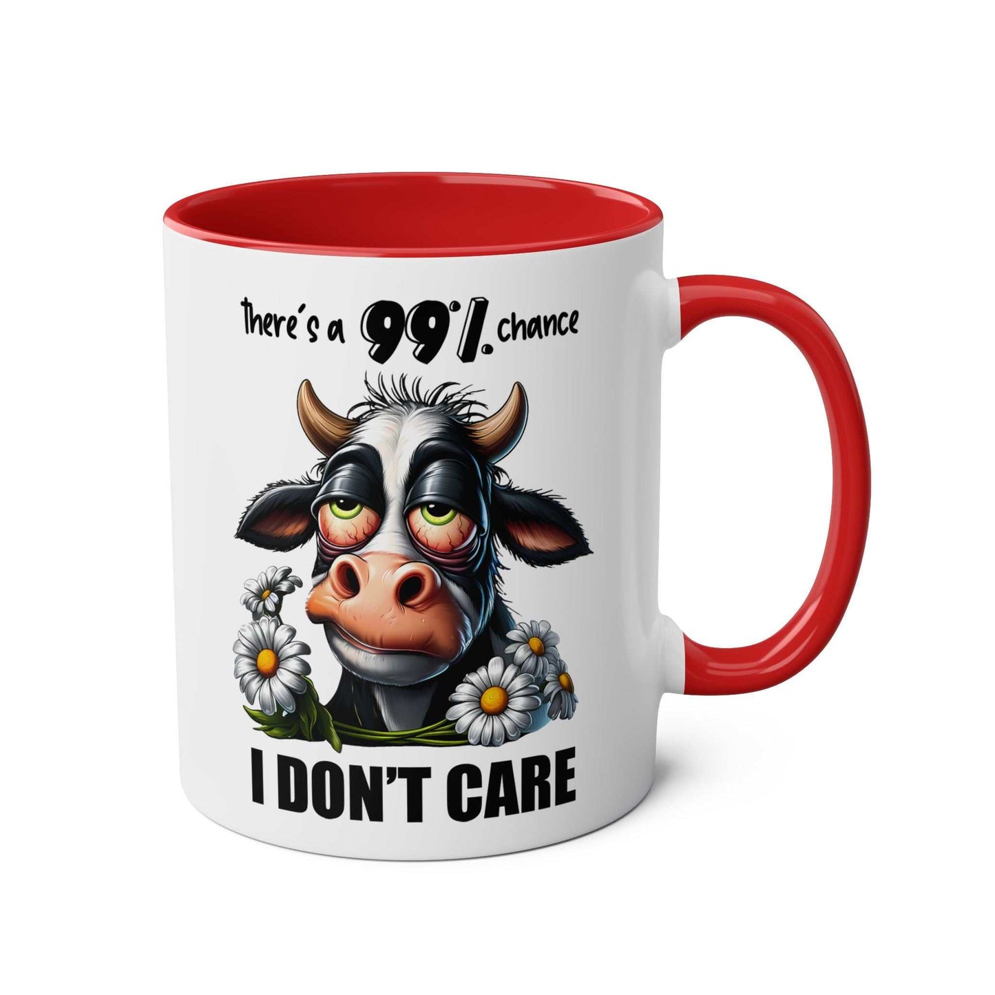 I Dont Care Coffee Mugs with sarky cow design, 11oz ceramic, glossy finish, microwave and dishwasher safe.