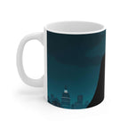 Batman Inspired Dark Knight Mug with Gotham city skyline and dark silhouette design on white ceramic, 11oz glossy finish, microwave and dishwasher safe.
