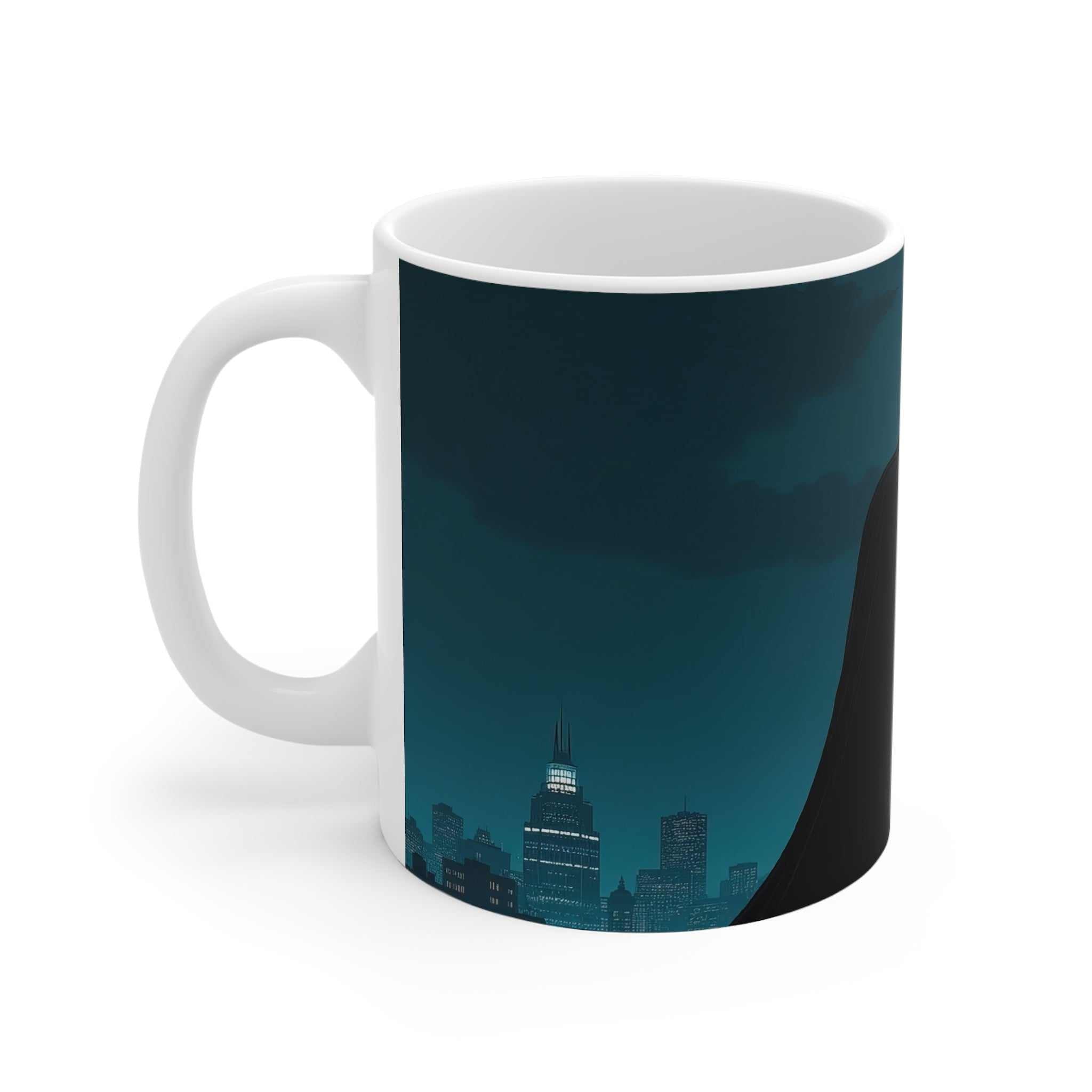 Batman Inspired Dark Knight Mug with Gotham city skyline and dark silhouette design on white ceramic, 11oz glossy finish, microwave and dishwasher safe.
