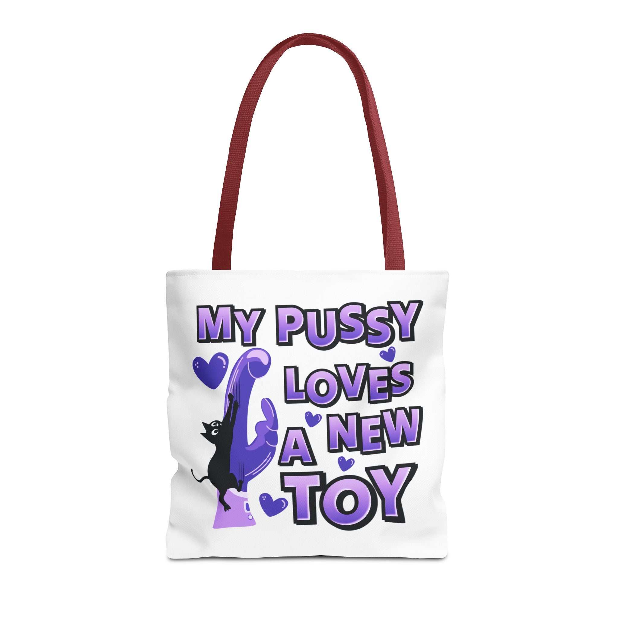 Cheeky fun cat toy tote bag with colorful handles and durable spun polyester fabric in three sizes