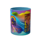 LGBTQ+ Pride mug with vibrant rainbow design and inspirational message, 11oz ceramic, glossy finish.