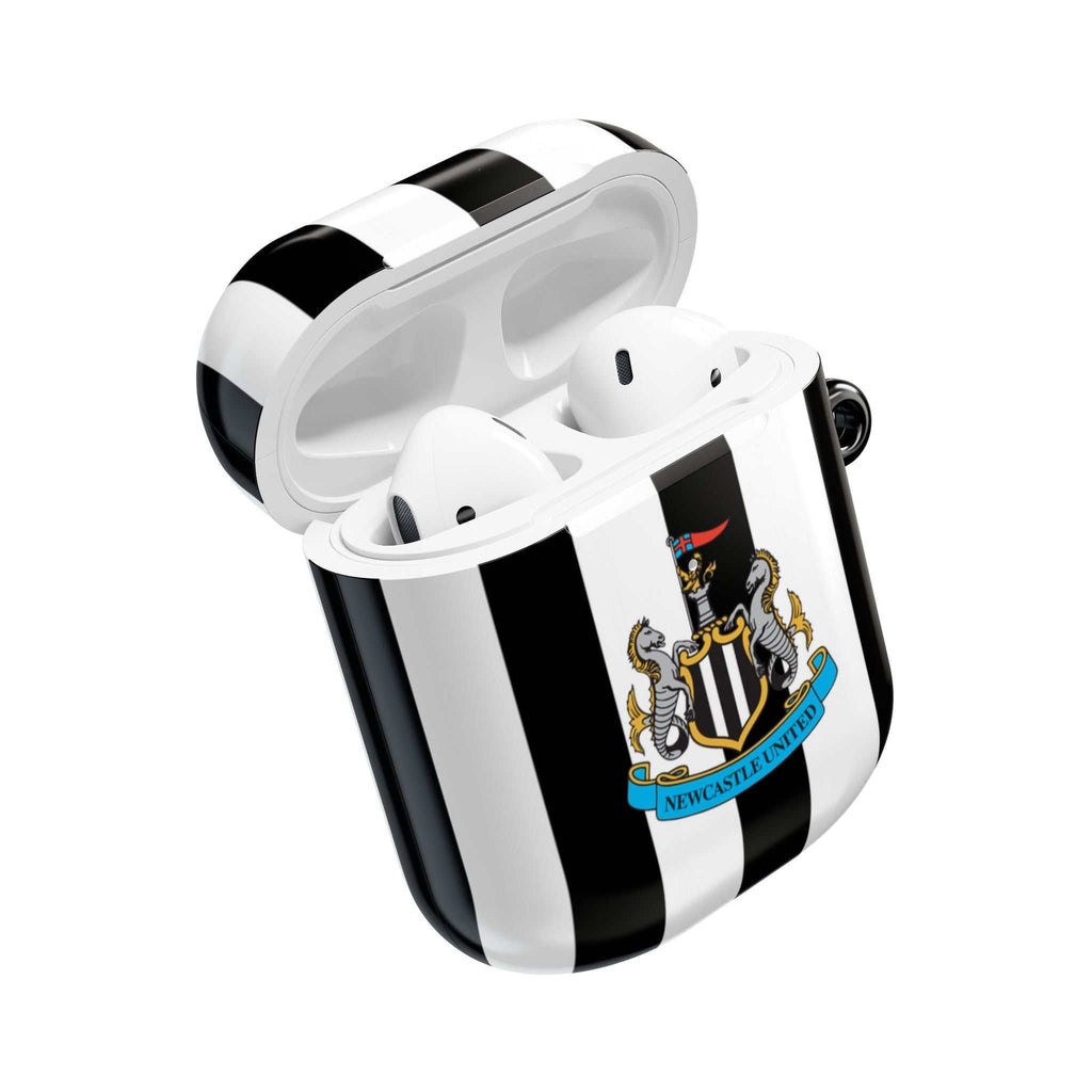 Newcastle Utd FC black and white striped protective AirPods case with club crest, compatible with AirPods and AirPods Pro