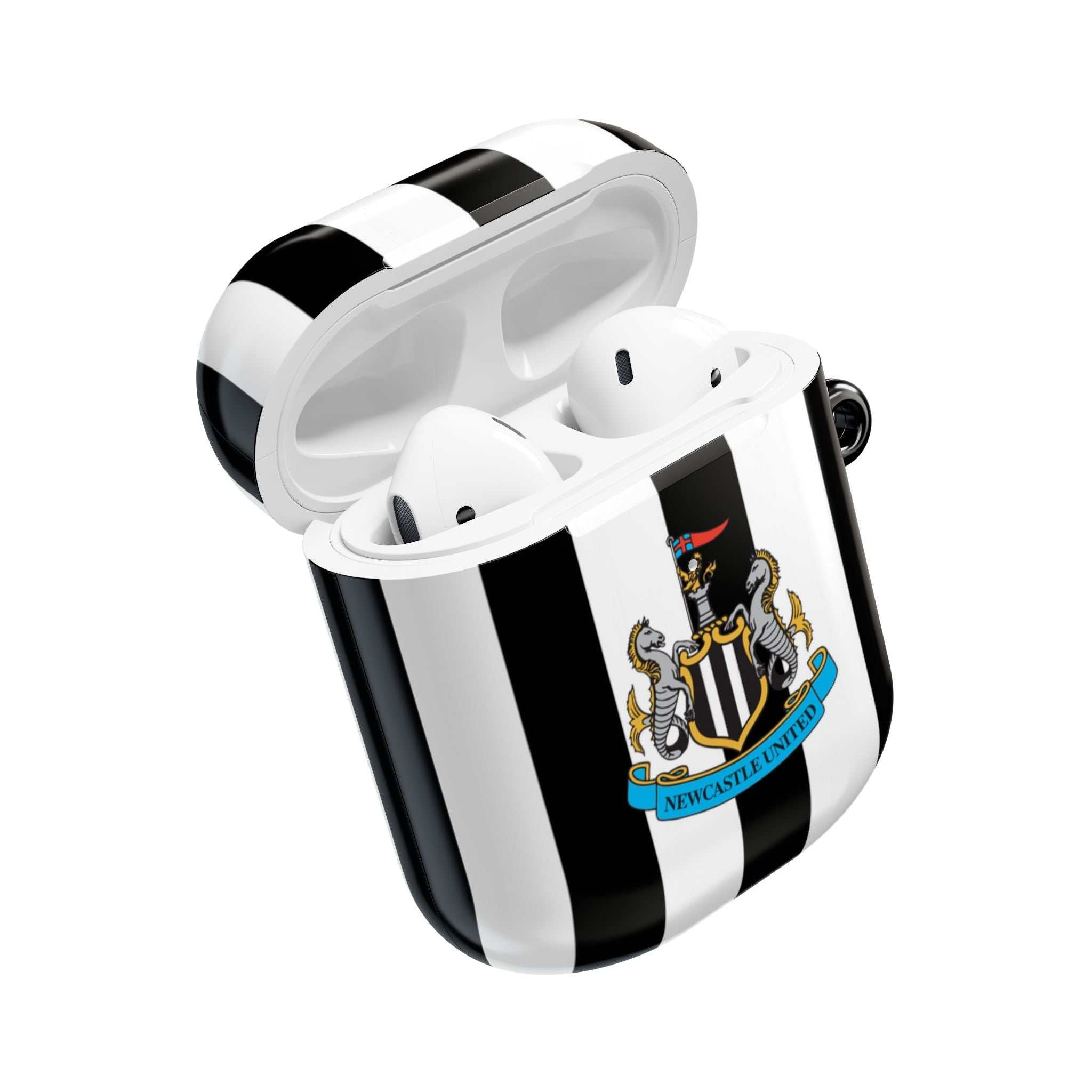 Newcastle Utd FC black and white striped protective AirPods case with club crest, compatible with AirPods and AirPods Pro